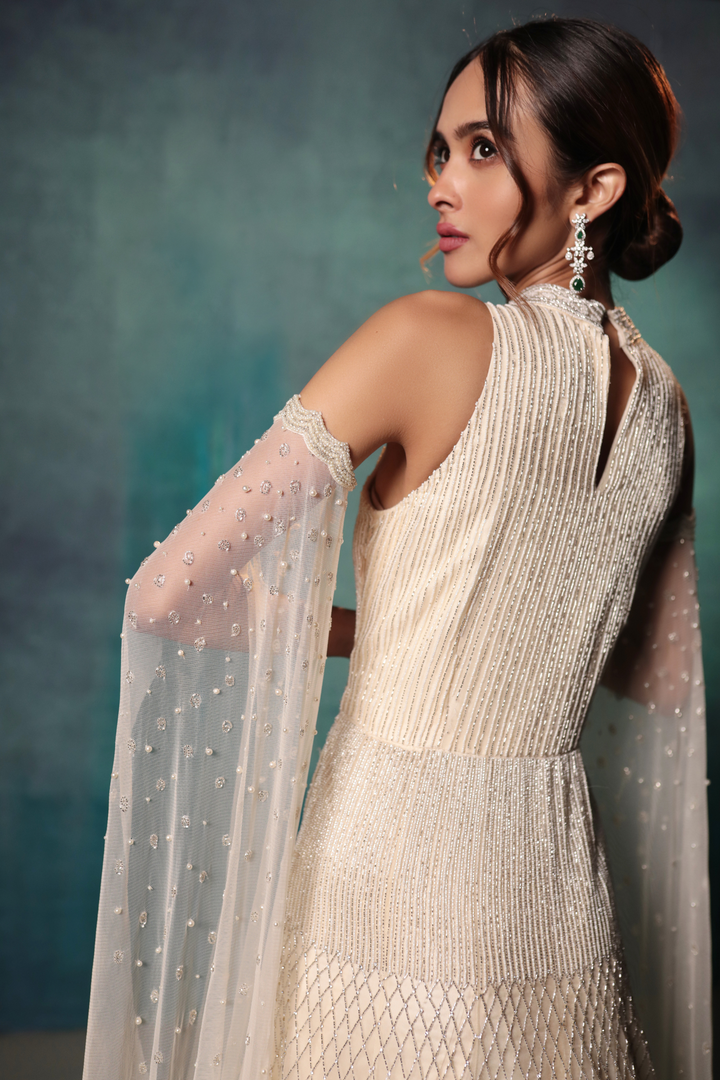 Ivory Exaggerated Sleeves Pearl Gown - Bandhani