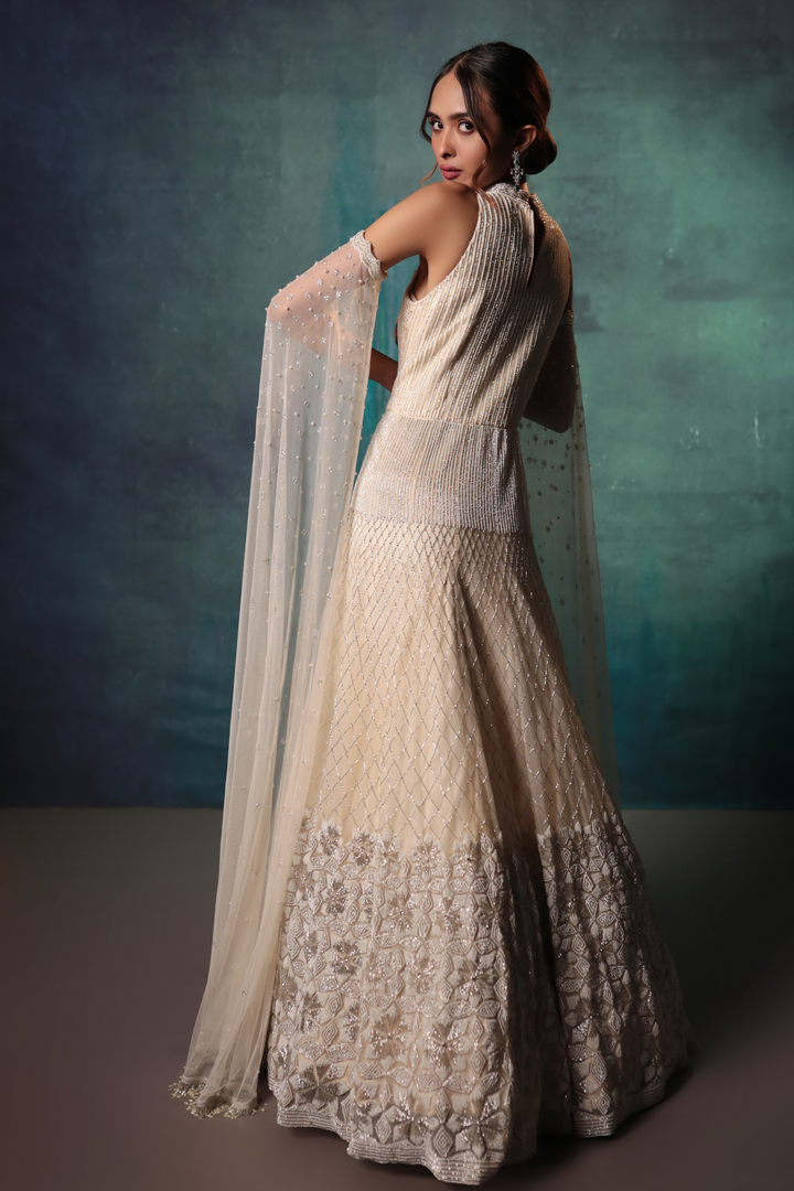 Ivory Exaggerated Sleeves Pearl Gown - Bandhani