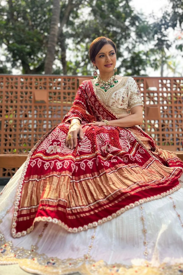 Ivory Peacock Lehenga Set Paired With Red Bandhani & Dupatta - Bandhani