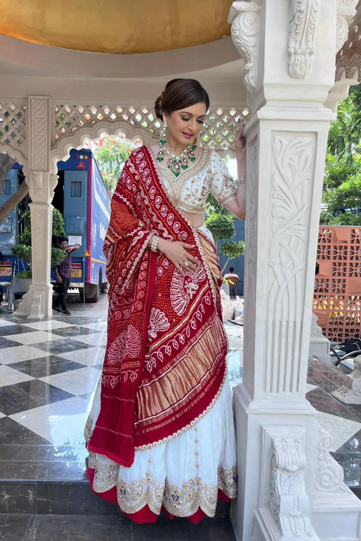 Ivory Peacock Lehenga Set Paired With Red Bandhani & Dupatta - Bandhani