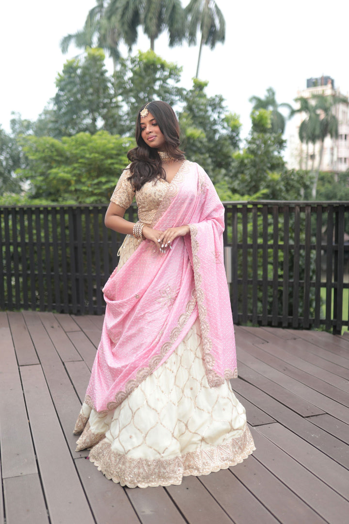 Ivory Tissue Gotapatti Blouse Paired With Tissue Skirt And Pink Gotapatti Dupatta - Bandhani