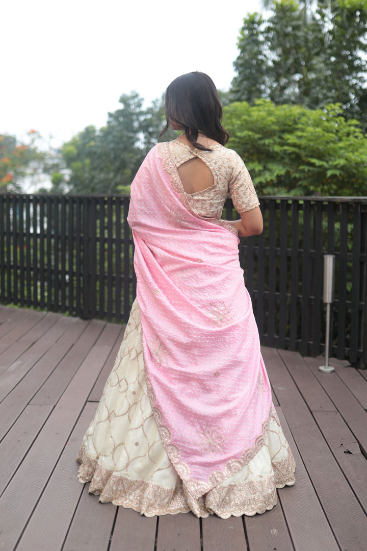 Ivory Tissue Gotapatti Blouse Paired With Tissue Skirt And Pink Gotapatti Dupatta - Bandhani