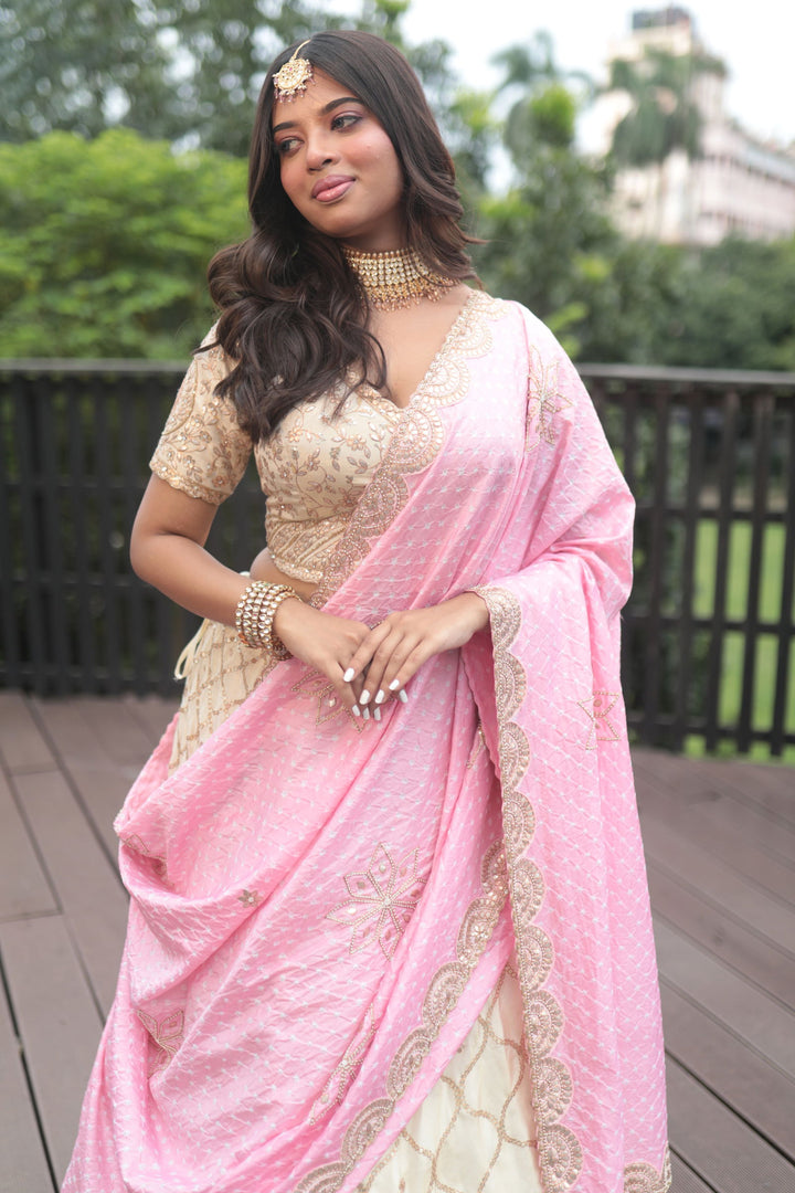 Ivory Tissue Gotapatti Blouse Paired With Tissue Skirt And Pink Gotapatti Dupatta - Bandhani