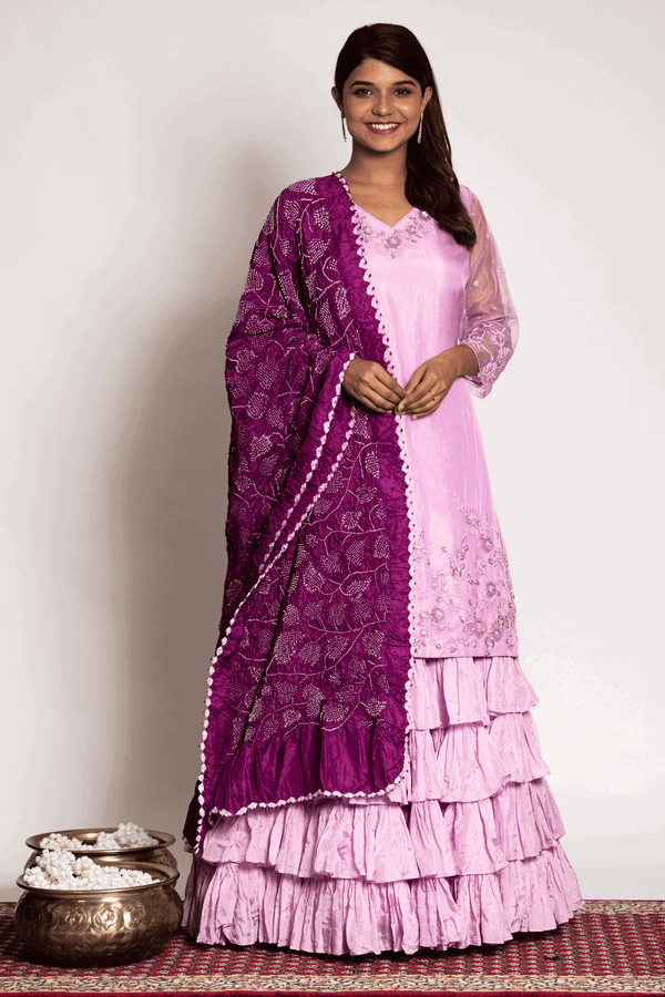 Lilac Kurta Paired With Layered Sharara And Bandhani Dupatta - Bandhani