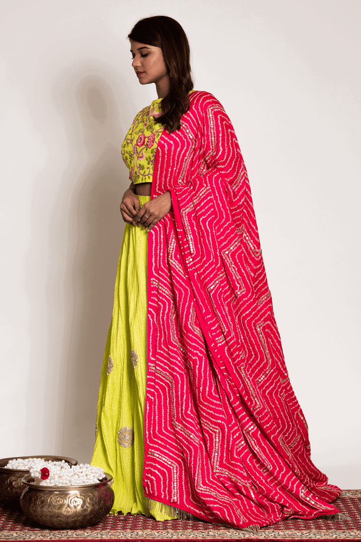 Lime Green Anchor And Gota Blouse Paired With Crush Skirt And Strawberry Bandhani Dupatta - Bandhani