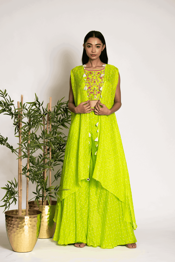 Limegreen Assymetrical Cape With Crop Top And Sharara - Bandhani