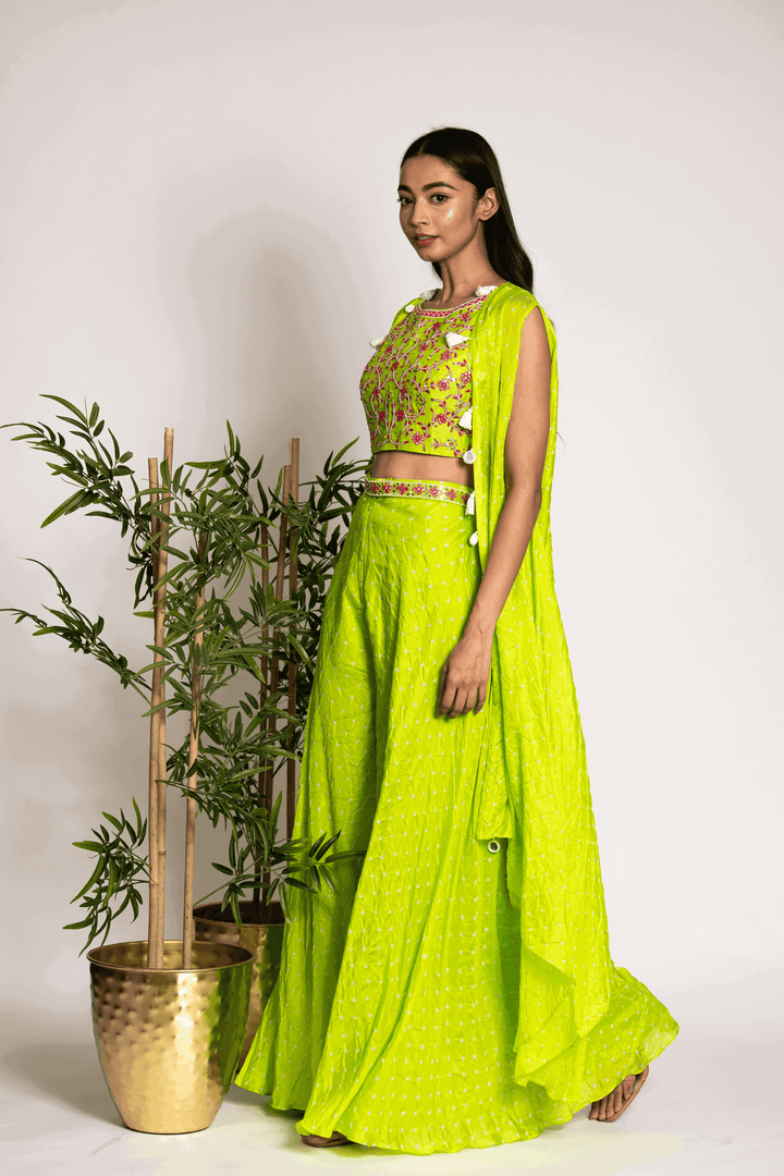 Limegreen Assymetrical Cape With Crop Top And Sharara - Bandhani