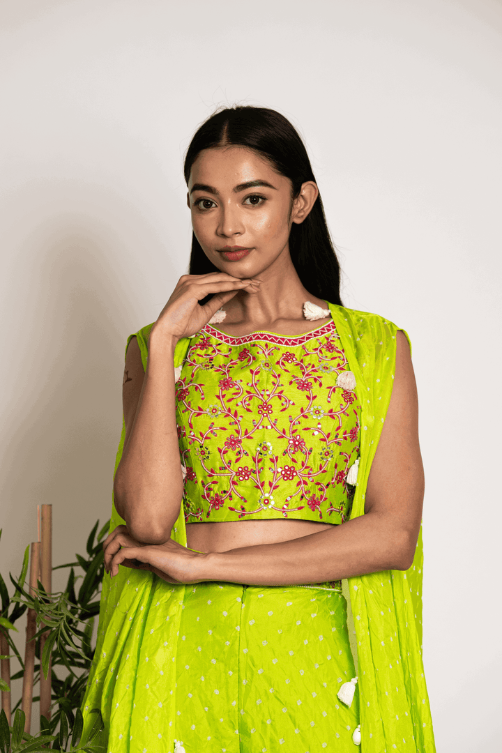 Limegreen Assymetrical Cape With Crop Top And Sharara - Bandhani