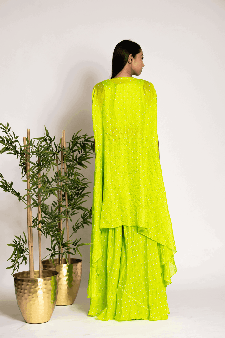 Limegreen Assymetrical Cape With Crop Top And Sharara - Bandhani