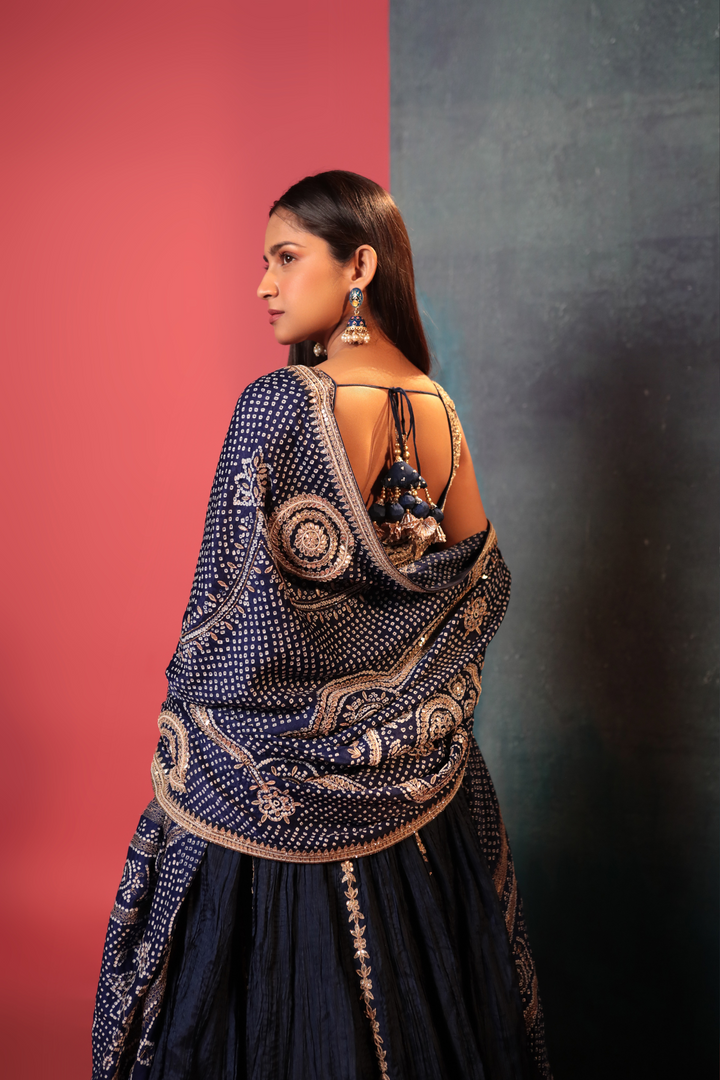 Midnight Blue Dot Bandhani Dupatta - Bandhani