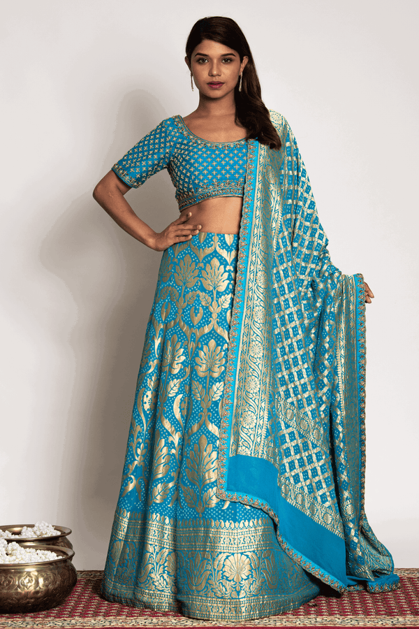 Mint Blue Banarasi Bandhani Lehenga Set - Bandhani