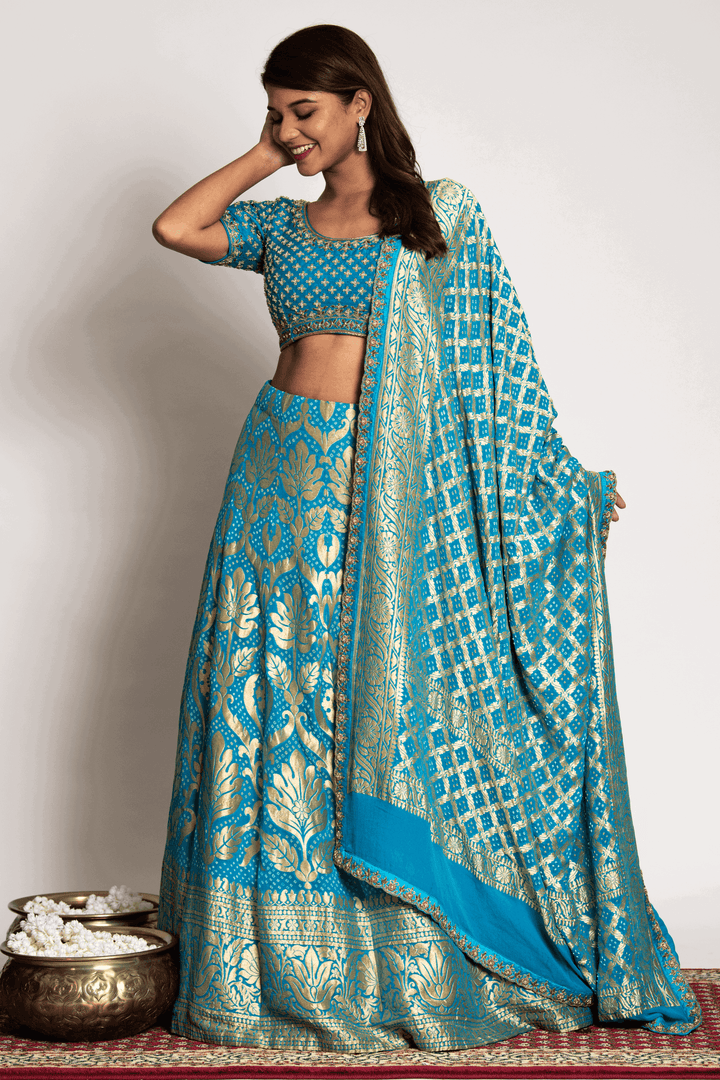 Mint Blue Banarasi Bandhani Lehenga Set - Bandhani