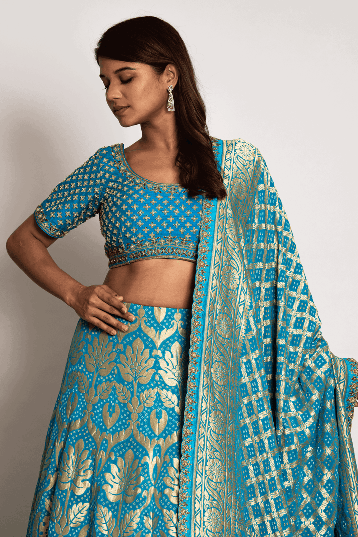 Mint Blue Banarasi Bandhani Lehenga Set - Bandhani