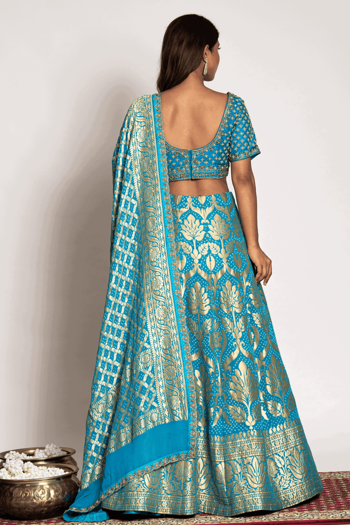 Mint Blue Banarasi Bandhani Lehenga Set - Bandhani