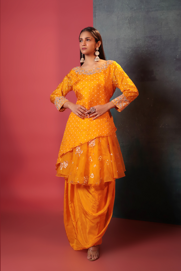 Mustard Highlow Kurta & Bandhani Layered Drape Skirt - Bandhani