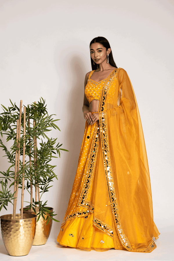 Mustard Yellow Layered Skirt With Crop Top And Dupatta - Bandhani