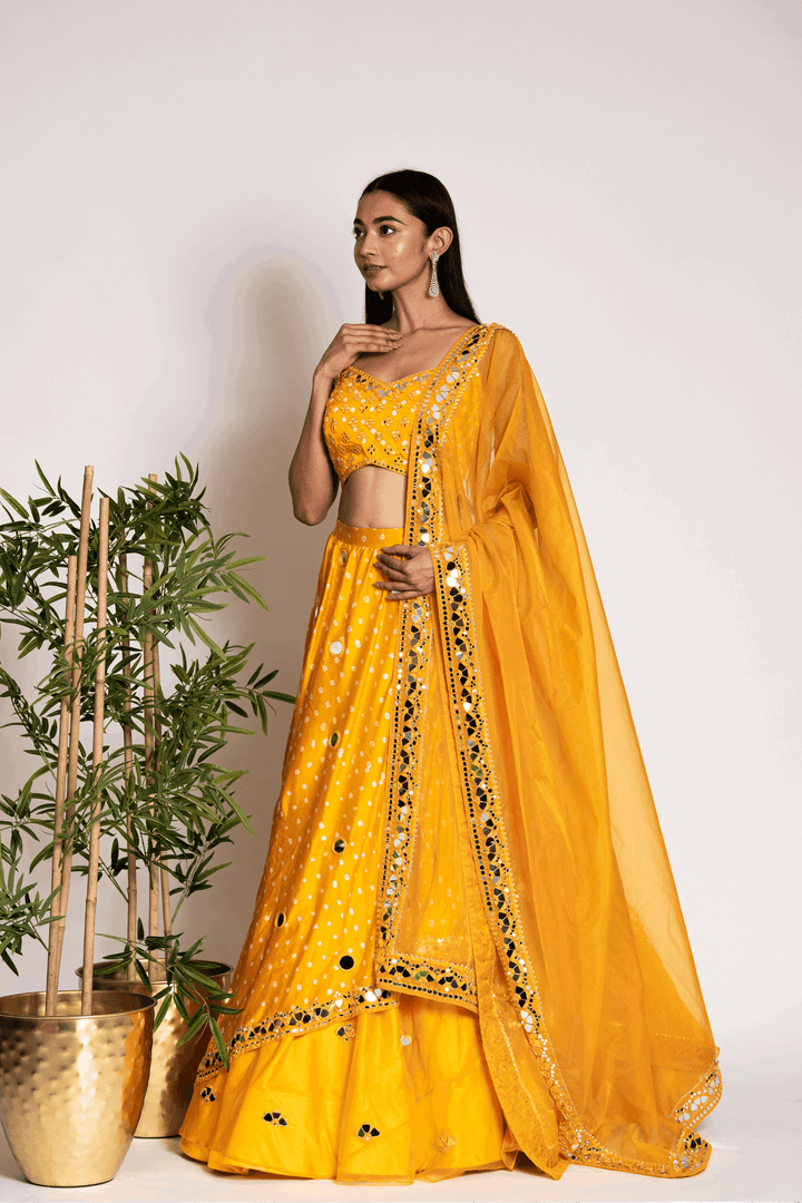 Mustard Yellow Layered Skirt With Crop Top And Dupatta - Bandhani