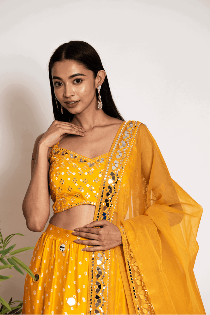 Mustard Yellow Layered Skirt With Crop Top And Dupatta - Bandhani