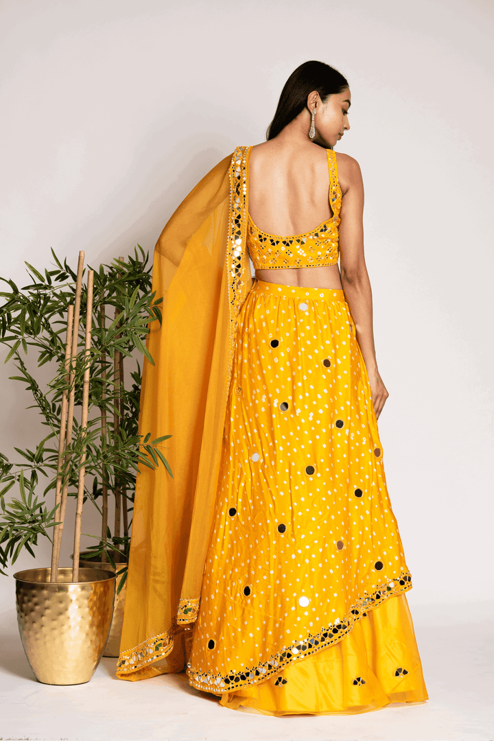 Mustard Yellow Layered Skirt With Crop Top And Dupatta - Bandhani