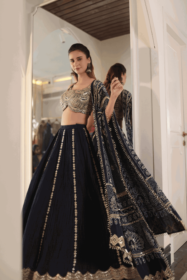 Navy Blue Ghoomar Lehenga With Bandhani Dupatta - Bandhani