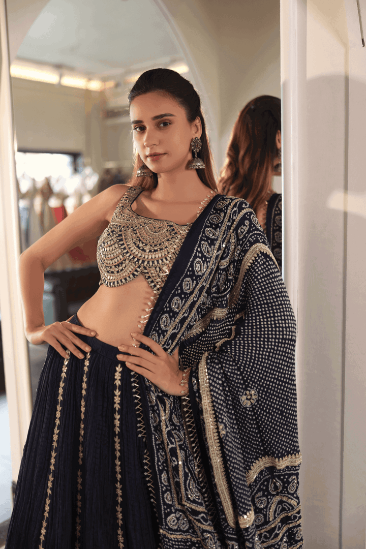 Navy Blue Ghoomar Lehenga With Bandhani Dupatta - Bandhani