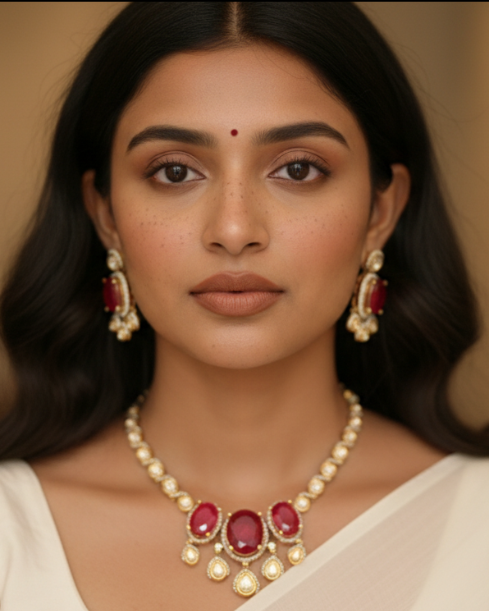 Gold Ruby Necklace Set with Uncut Diamonds