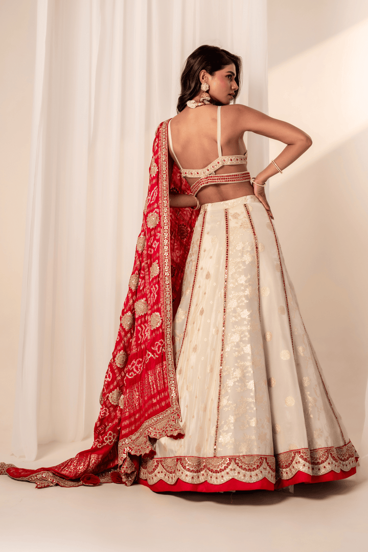 Off-White Banarasi Lehenga Set with Bandhani Dupatta