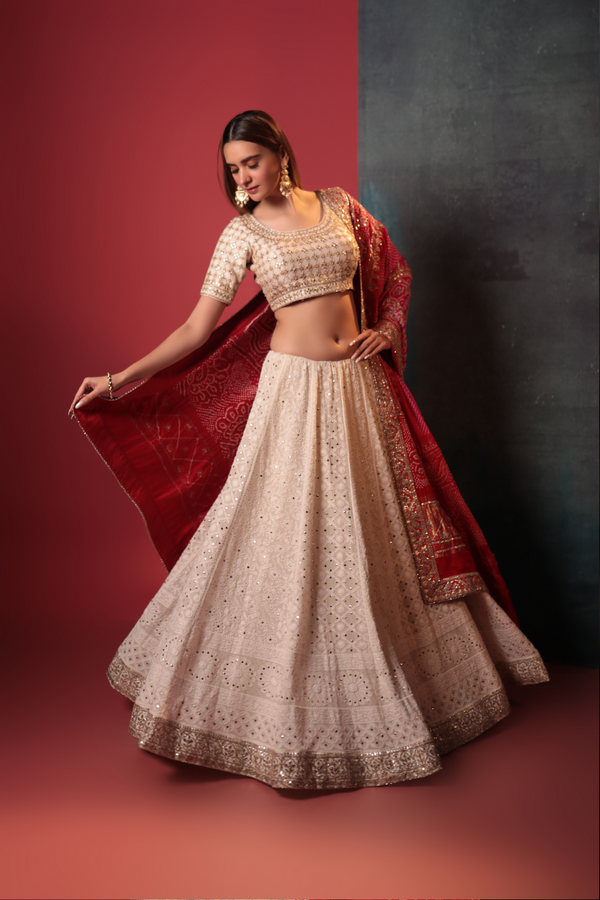 Off-White Chickankari Lehenga - Bandhani