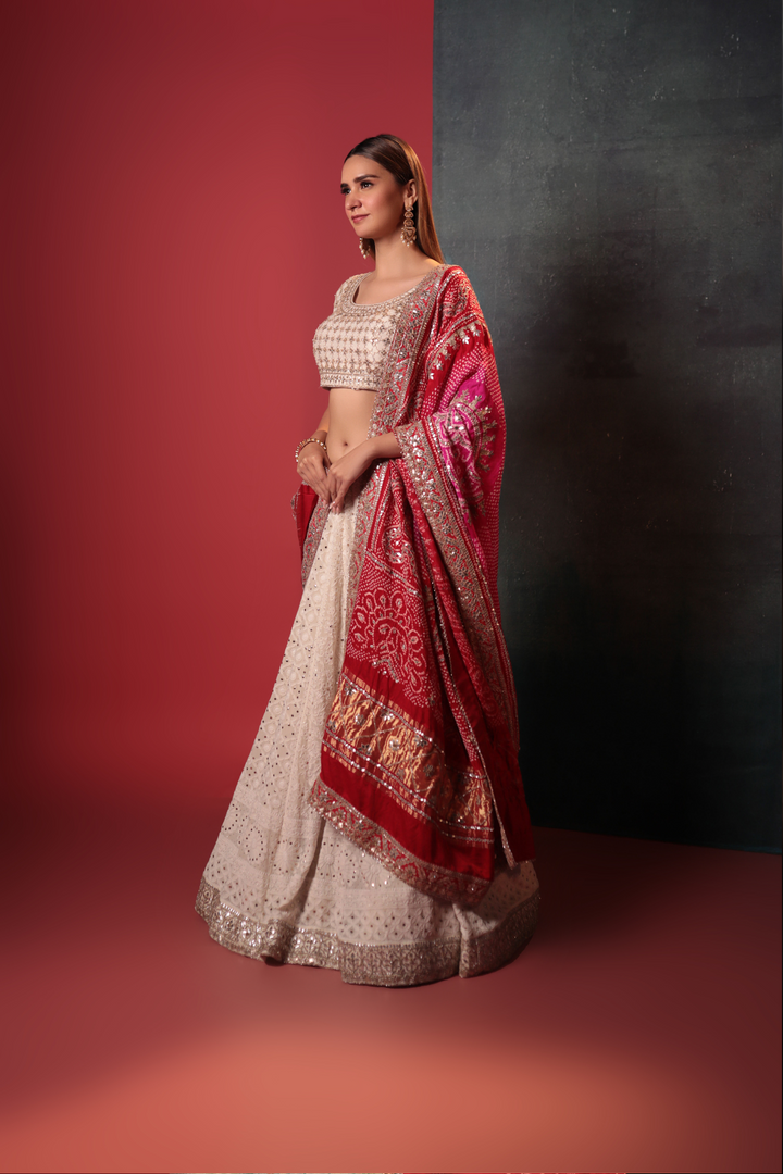 Off-White Chickankari Lehenga - Bandhani