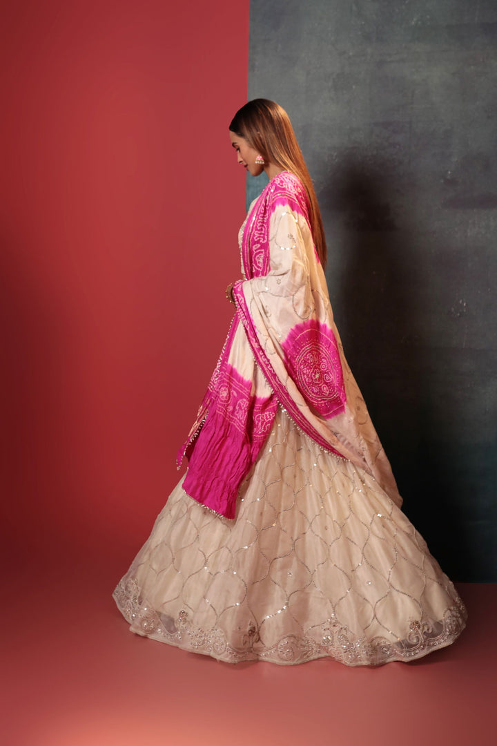 Off-white Zardosi Blouse Paired With Zardosi Lehenga & Bandhani Dupatta - Bandhani