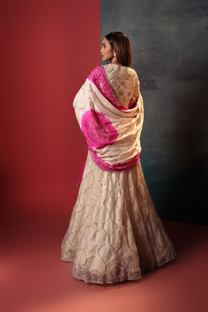 Off-white Zardosi Blouse Paired With Zardosi Lehenga & Bandhani Dupatta - Bandhani