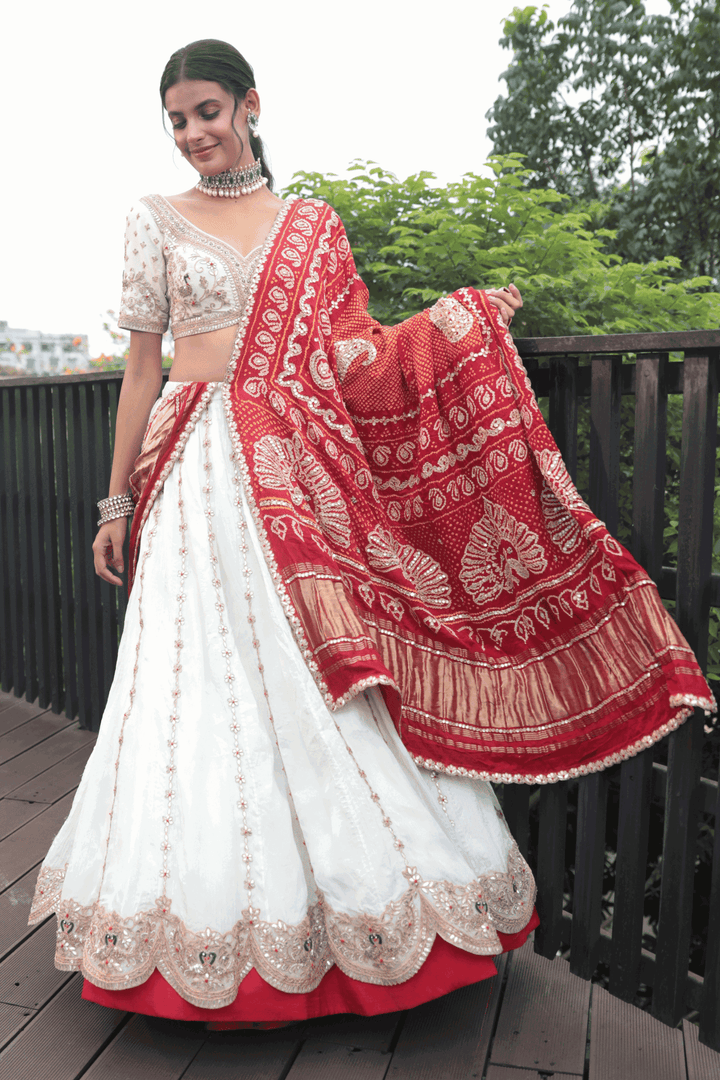 Off White Gotapatti Blouse With Double Layer Crush Skirt And Red Bandhani Dupatta - Bandhani