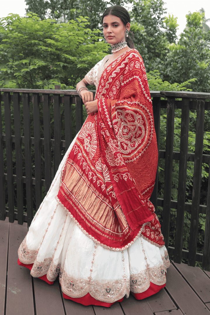 Off White Gotapatti Blouse With Double Layer Crush Skirt And Red Bandhani Dupatta - Bandhani
