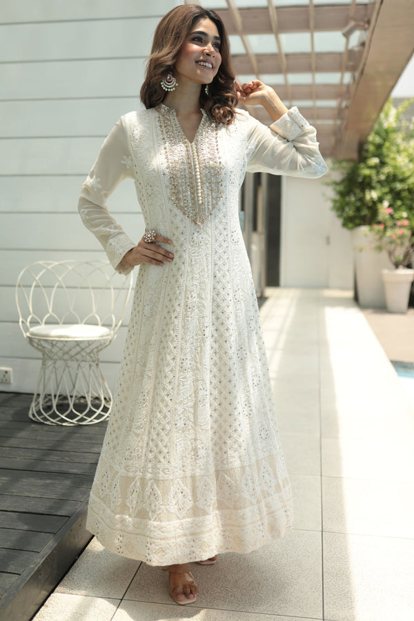 Offwhite Chickankari Anarkali With Gotapatti Embroidery - Bandhani