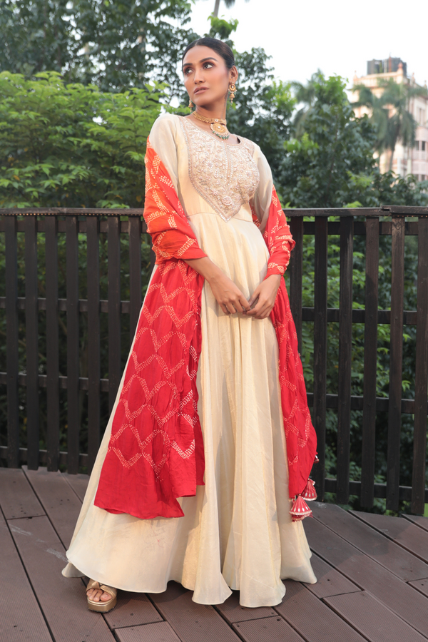 Offwhite Tissue Gotapatti Anarkali With Orange Bandhani Dupatta - Bandhani