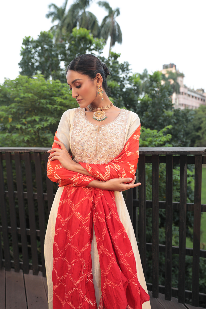 Offwhite Tissue Gotapatti Anarkali With Orange Bandhani Dupatta - Bandhani