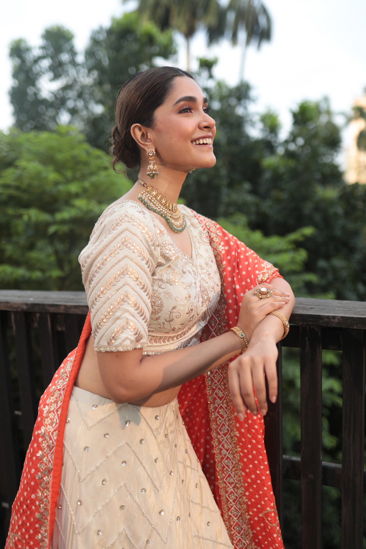 Offwhite Tissue Gotapatti Lehenga With Orange Bandhani Dupatta - Bandhani