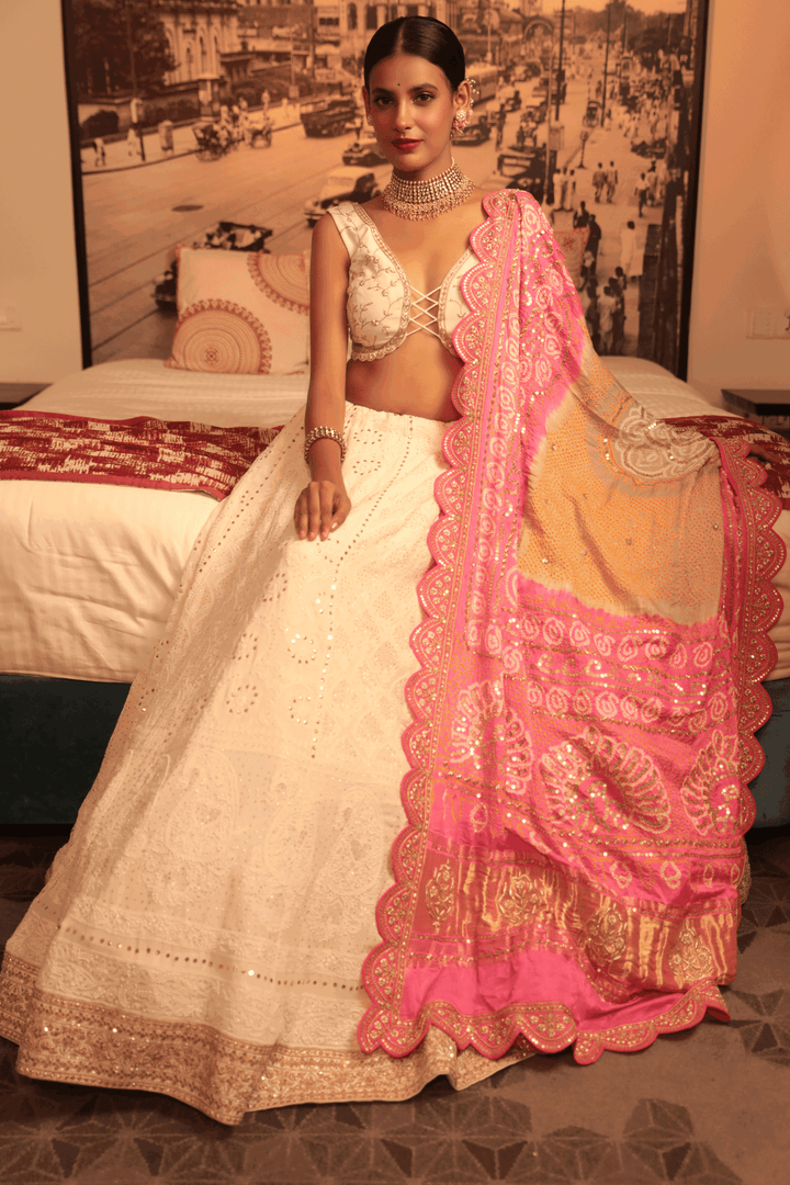 Offwhite Zardosi Blouse With Chickankari Lehenga And Green And Pink Bandhani Dupatta - Bandhani