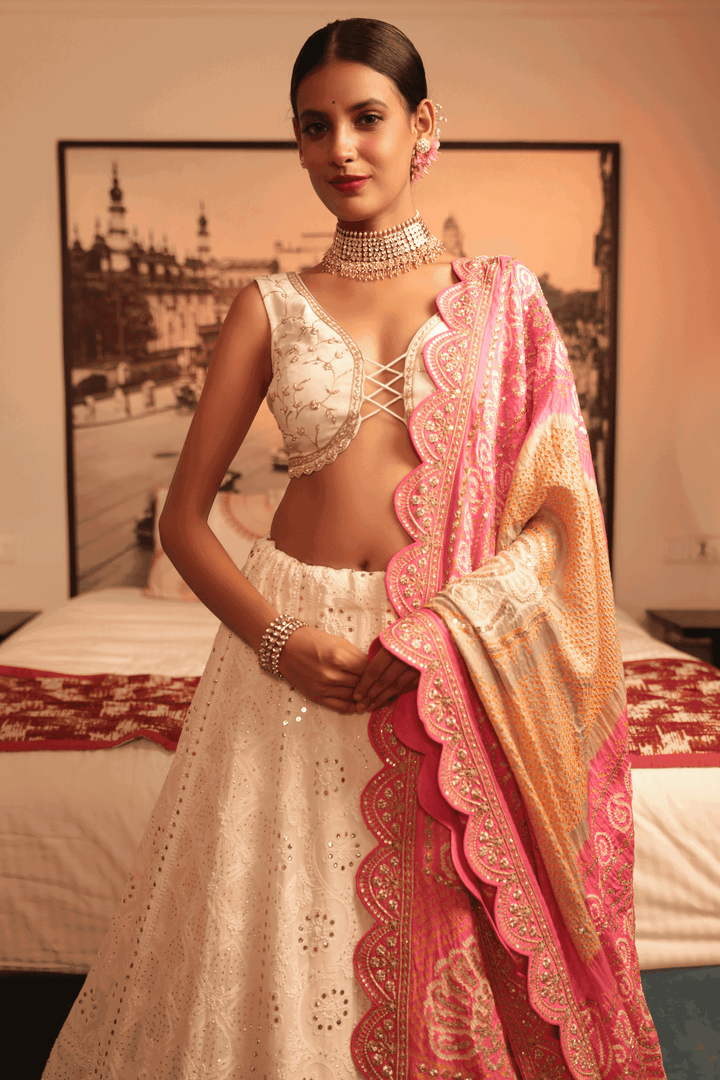 Offwhite Zardosi Blouse With Chickankari Lehenga And Green And Pink Bandhani Dupatta - Bandhani