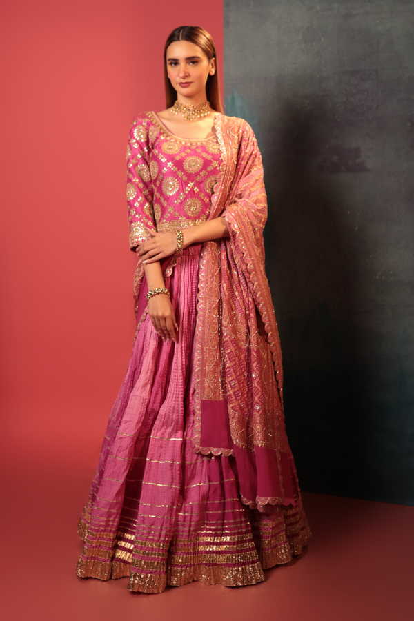 Onion Pink Bandhani Gotapatti Lehenga Set - Bandhani