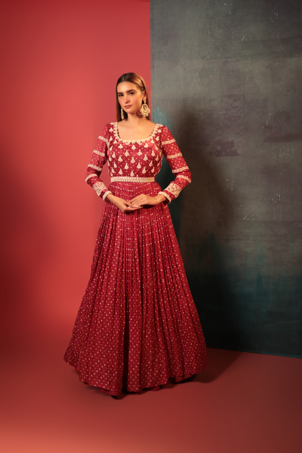 Onion Pleated Anarkali Set - Bandhani