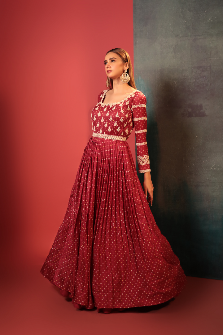 Onion Pleated Anarkali Set - Bandhani