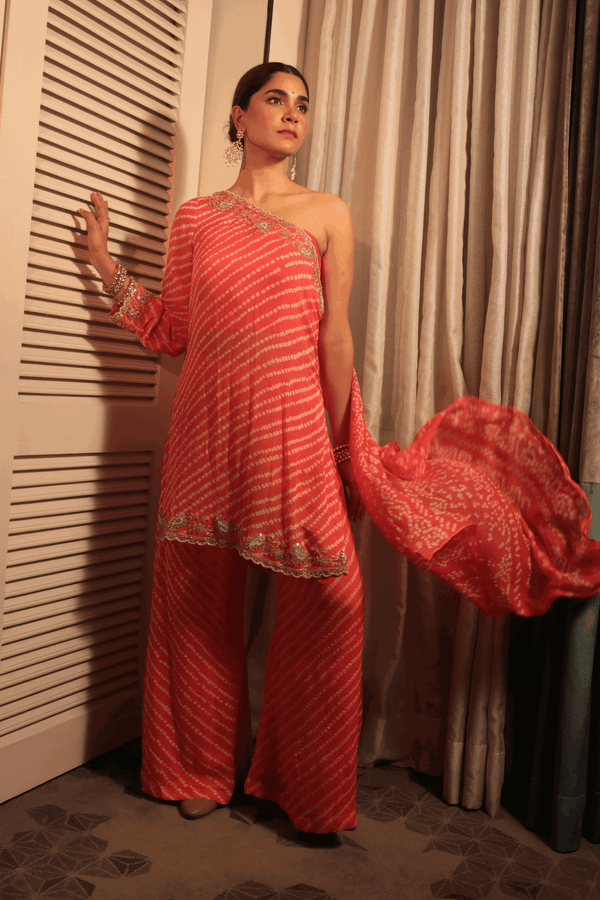 Orange Assymetrical Kurta With Cami And Sharara - Bandhani