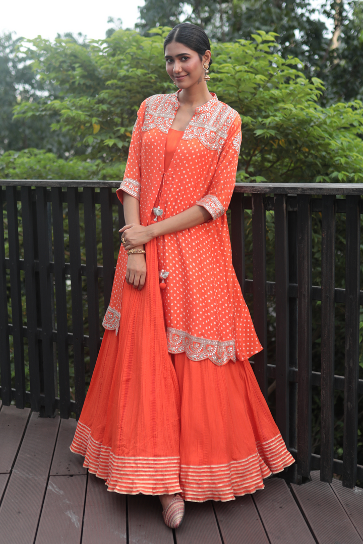 Orange Crush Anarkali With Gotapatti Dot Bandhani Jacket - Bandhani