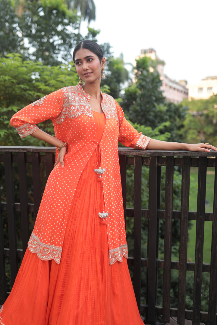 Orange Crush Anarkali With Gotapatti Dot Bandhani Jacket - Bandhani