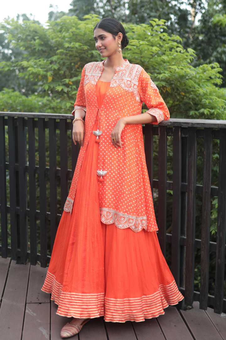 Orange Crush Anarkali With Gotapatti Dot Bandhani Jacket - Bandhani