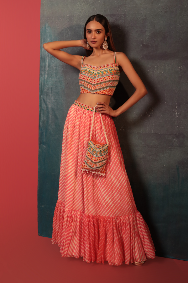 Orange Embroidered Crop Top Paired With Leheriya Skirt - Bandhani