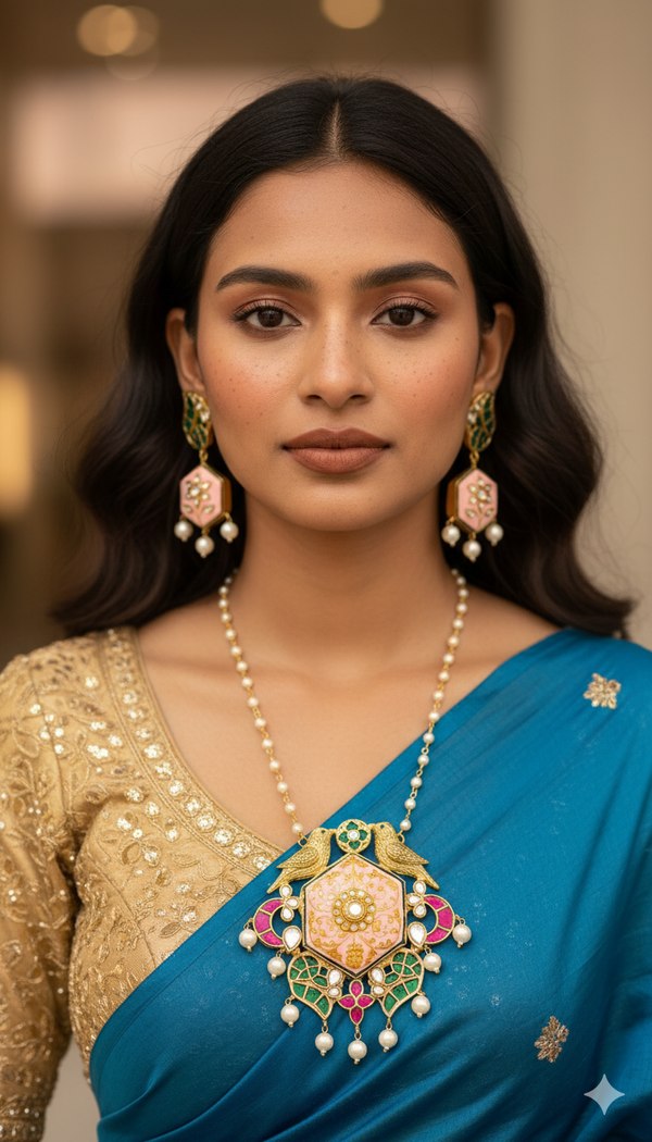 Peach Green Meenakari Pendant Necklace Set
