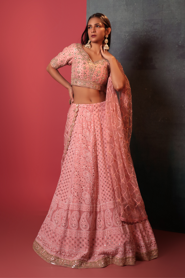 Peach Chickankari Lehenga Set - Bandhani