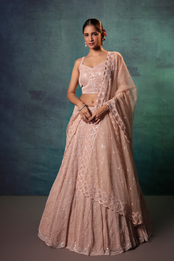 Peachy Beads & Sequins Lehenga - Bandhani